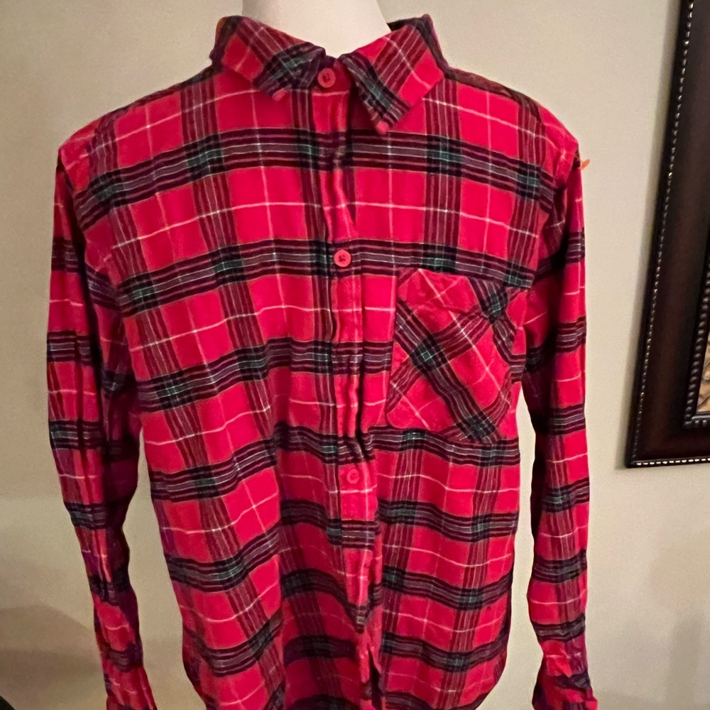Time and Tru Sz 12-14 L Women’s Red Plaid Flannel Button Up Shirt Long Sleeves